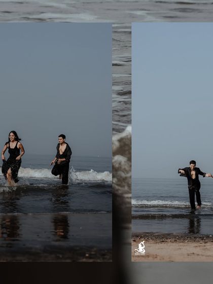 A dynamic collage of a couple running and splashing in the waves, capturing their playful and energetic side.