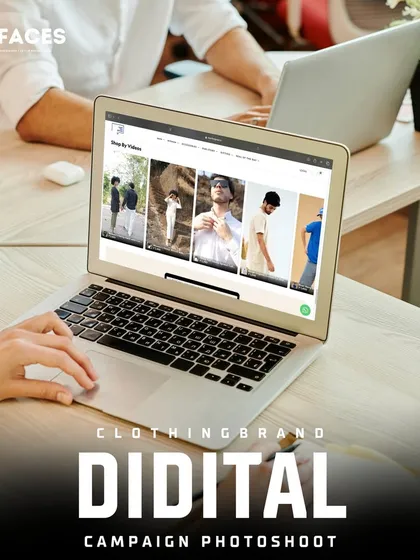 A men's wear e-commerce page on a laptop, featuring various styles shot by our team. We provide comprehensive photography packages for online stores, ensuring a cohesive and professional look across your entire site.