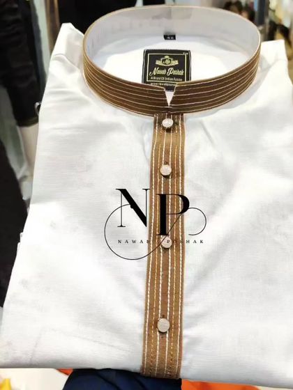 A classic white kurta with a simple yet elegant brown striped collar and placket from the Nawab Poshak collection.