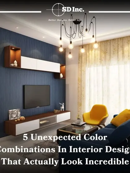 An inspirational image showcasing five unexpected but incredible color combinations in interior design. This TV unit with a blue-paneled wall and yellow accent chair is a perfect example.