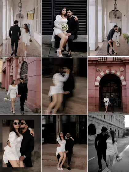 This nine-image grid provides a comprehensive look at their urban pre-wedding shoot. It features a mix of walking shots, intimate embraces, and artistic motion blurs, all tied together by a consistent, moody color palette.