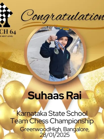 Well done, Suhaas Rai, for your achievement at the Karnataka State School Team Chess Championship. We are proud to guide our young champions on their chess journey.