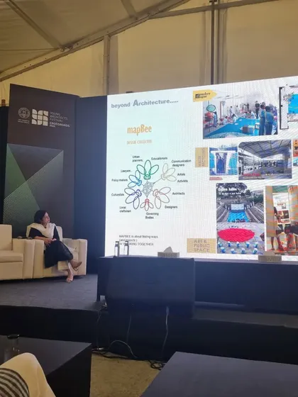 A slide from my presentation showing the interconnected nature of my work, from architecture and interiors to public art and education, all under the umbrella of MapBee, my design collective for change.