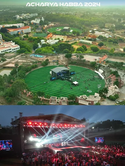 A day-and-night comparison of the Acharya Habba 2024 festival grounds. The top aerial shot shows the large venue setup during the day, while the bottom shot captures the electrifying atmosphere created by stage lights after dark.