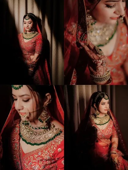 A collage of four stunning bridal portraits, showcasing the intricate details of her red lehenga, jewelry, and the beautiful play of light and shadow.