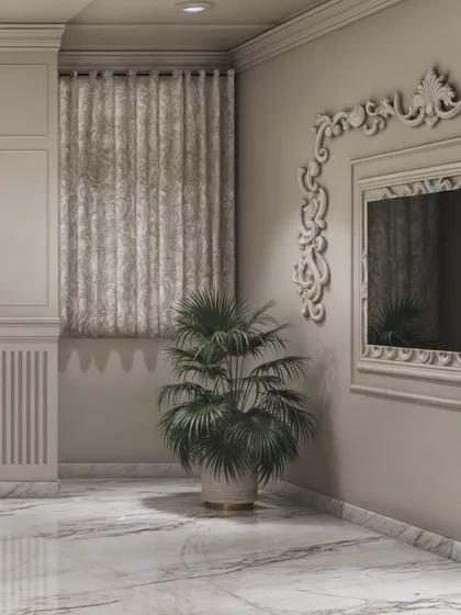 A minimalist detail shot of the classical living room, focusing on the ornate TV frame and the texture of the wall.