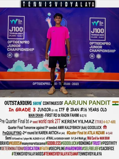 An outstanding show from Aarjun Pandit in the Grade 3 Junior ITF in Iran, defeating the 4th seed, a world-ranked player, in the pre-quarterfinals.