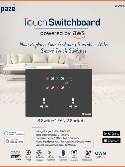 This 12-module board is designed for heavy use, with controls for 8 switches, 1 fan, and 2 sockets. The RGB backlight technology allows for full color customization.