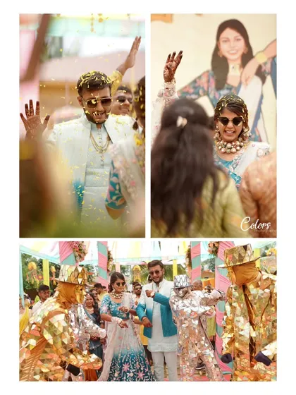 A collage of high-energy moments from the baraat, with the couple dancing alongside performers in shiny costumes.