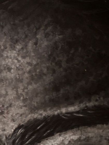 Another detail shot of the black and white portrait, focusing on the interplay of light and shadow that gives the painting its dramatic feel.