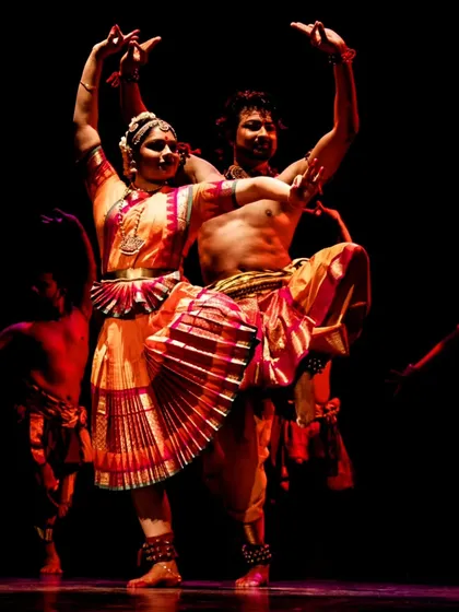 A moment of synergy from 'Maheswara', where the grace of Bharatanatyam meets the strength of Chhau. This fusion choreography creates a dynamic narrative, portraying the divine dance of Shiva and Parvati.