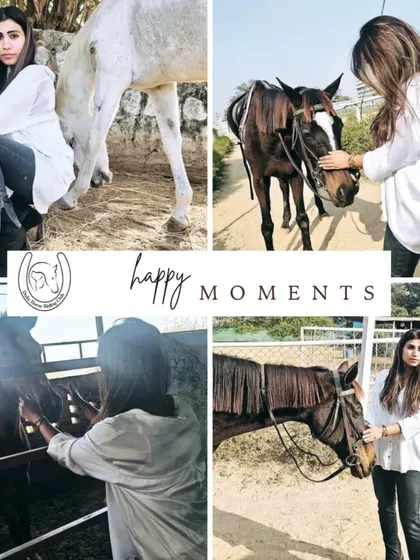 A collage of happy moments, from petting horses in the stables to spending time with them in the arena.