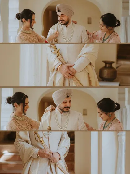 A collage showing the groom's sisters helping him prepare for his Anand Karaj, a beautiful family tradition.