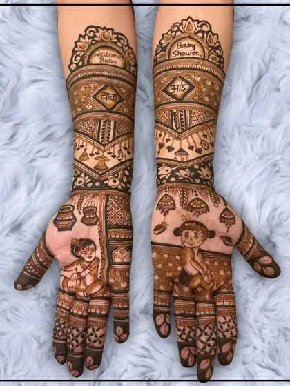 A playful baby shower design featuring adorable illustrations of baby Krishna (Ladoo Gopal) and a little girl, with "Welcome Baby" written on the arms.