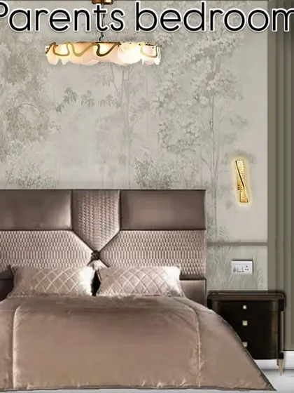 A 3D render for a parents' bedroom, designed to be a sophisticated and comfortable retreat. The design features a grand upholstered headboard, elegant wallpaper, and chic accent lighting, creating a perfect blend of luxury and tranquility.