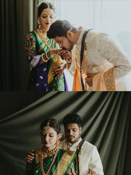 A collection of portraits showing the groom kissing the bride's hand and the couple in a formal, elegant pose, capturing their love story.