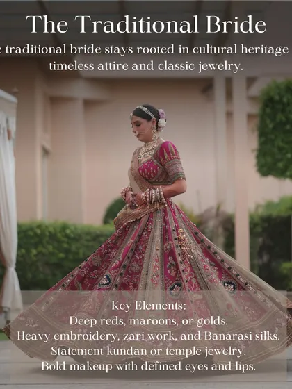 Defining the Traditional Bride. She stays rooted in cultural heritage with timeless attire and classic jewelry. Think deep reds and maroons, heavy embroidery, and statement kundan pieces.