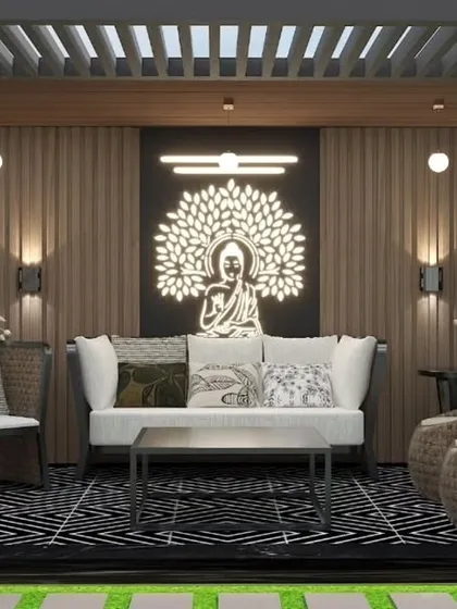 A proposed design for a tranquil pergola lounge in Karkardooma, featuring a backlit Buddha tree of life artwork as the centerpiece.
