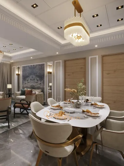 An opulent living and dining space where classic design elements meet modern luxury. The layout features distinct zones for dining and lounging, unified by a sophisticated neutral palette.
