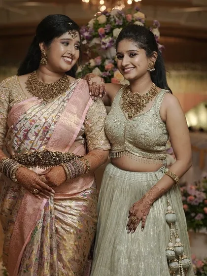 A beautiful photo of sisters Tejeshwini and Ramya. I created two distinct but complementary looks for them for the wedding festivities.