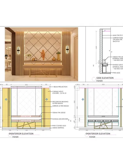 This image showcases our meticulous process, displaying both the final 3D render of an elegant foyer and the detailed technical drawings behind it. We designed a welcoming entrance with a geometric mirror wall, sleek console, and ambient lighting, ensuring every detail is planned to perfection.