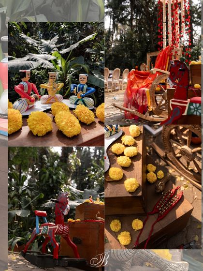 A collage showcasing the various elements of this photo-op corner, including Channapatna musician dolls, a wooden rocking horse, and the beautiful heirloom dupatta draped on an antique cart.