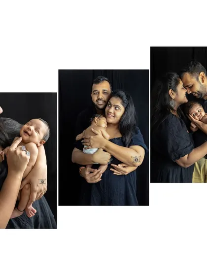 A collage showcasing the variety of emotions in one session: a baby's smile, a family's embrace, and the tender connection between parents.