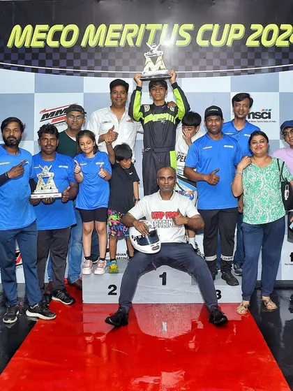 The final championship standings for the Meco Meritus Cup & IKAT 2024. This image shows the Kartkrew Motorsports team celebrating their Senior Max champion, Siddharth Rooso.