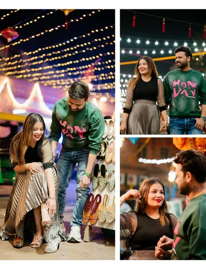 A fun night shoot for Amit and Bhavna at a local market, browsing for traditional juttis. This is a great way to capture the vibrant culture of Jaipur.