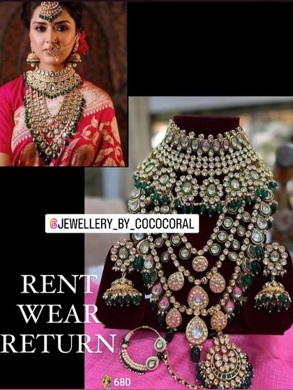 A comparison of a model wearing a heavy bridal set and the actual rental piece. This green and pink set features a choker, a long necklace with a large pendant, jhumkas, and a nath.