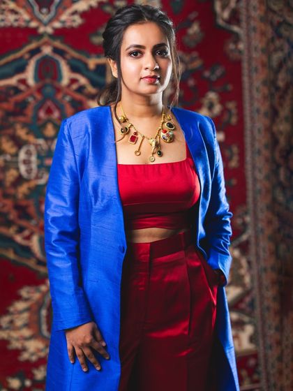 A duplicate of image 5, celebrating my Grammy nomination with a special photoshoot. I'm wearing a stunning ensemble created by my talented friends, which celebrates Indian fabrics and design. This was a family project, filled with love.