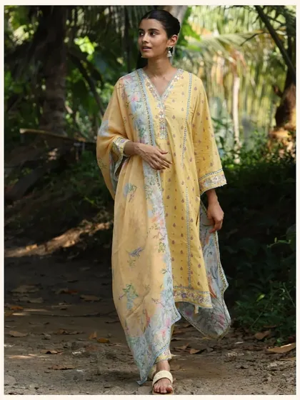 A classic yellow printed kurta set that’s perfect for a sunny day. The soft fabric and breezy silhouette will keep you cool and comfortable.