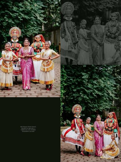A beautifully designed collage from a heritage wedding, blending color and monochrome to highlight the bride's interactions with cultural performers.