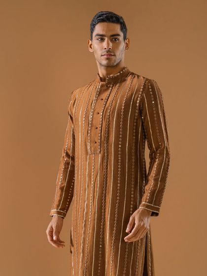 This handsome brown kurta is detailed with vertical stripes of delicate embroidery and mirror work. It is a perfect example of timeless luxury meeting seasonal vibrance.