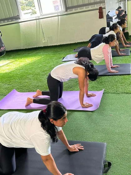 A line of members in the Cat-Cow pose, moving in unison to warm up their spines.