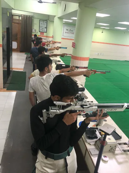 A line of my students at the shooting range, practicing with both air pistols and air rifles.