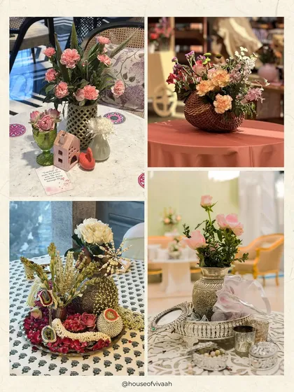 A collage of various table decor styles, from rustic and traditional to soft and romantic, demonstrating our versatility in creating unique tablescapes.