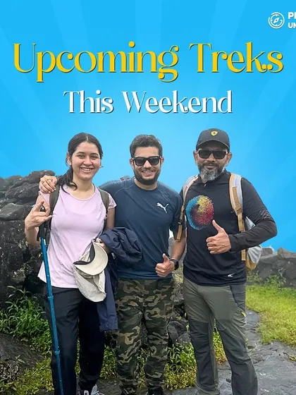 Three trekkers posing on a trail, with one giving a thumbs up. Check out our upcoming treks for a great weekend experience.