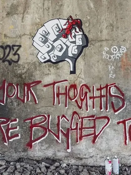 The second part of the Moodgrass piece, with the text "Your Thoughts Are Bugged Too" sprayed in red next to the original brain artwork. A witty and thought-provoking message.