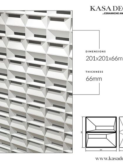 The technical specifications and a close-up of our geometric partition tile. This tile is designed for creating visually interesting and practical space dividers.