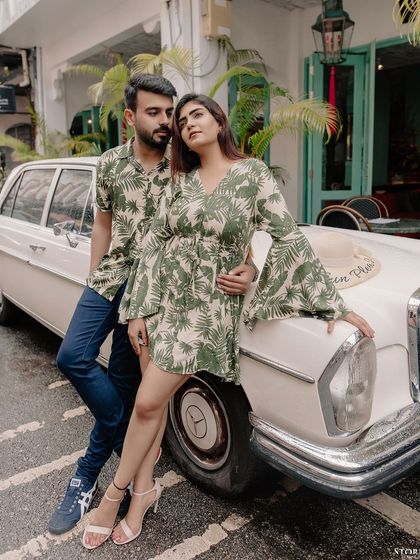 A vintage-inspired shot with a classic car in the old town of Phuket. This demonstrates how we can incorporate unique props and settings to create a specific theme for your shoot.