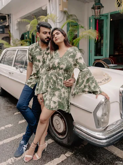 A vintage-inspired shot with a classic car in the old town of Phuket. This demonstrates how we can incorporate unique props and settings to create a specific theme for your shoot.