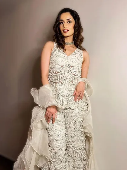 This all-white embroidered pantsuit is a stunning example of modern Indian craftsmanship. The intricate threadwork on the sleeveless top and pants creates a look that is both chic and traditional.