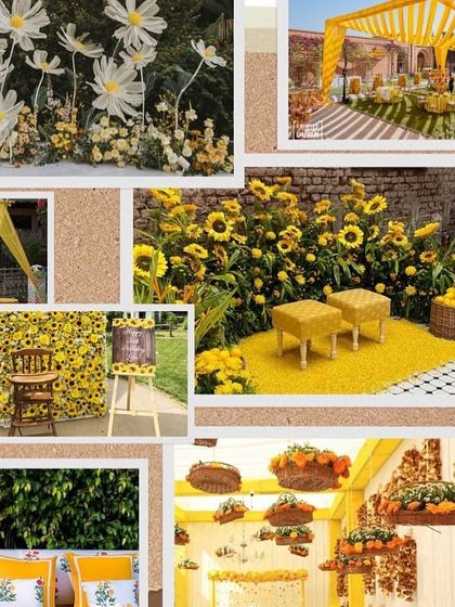 A moodboard dedicated to a sunny and cheerful yellow Haldi theme, featuring daisies, sunflowers, and bright yellow drapes.