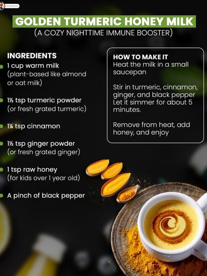 Golden turmeric honey milk is a cozy nighttime immune booster. This recipe combines turmeric, cinnamon, and ginger to fight inflammation.