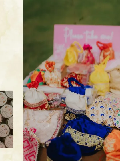 A glimpse of the beautiful favors and gifts we arrange for guests. From custom potlis to personalized items, these takeaways are a cherished part of the wedding experience.