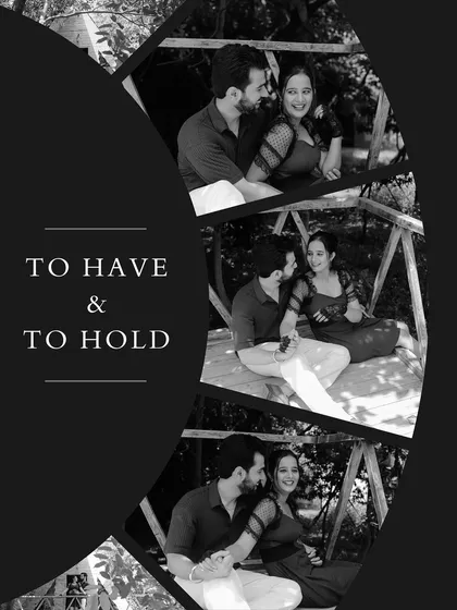A black and white collage with a modern design. It captures different candid moments from a rustic outdoor shoot, presented in an artistic and stylish format.