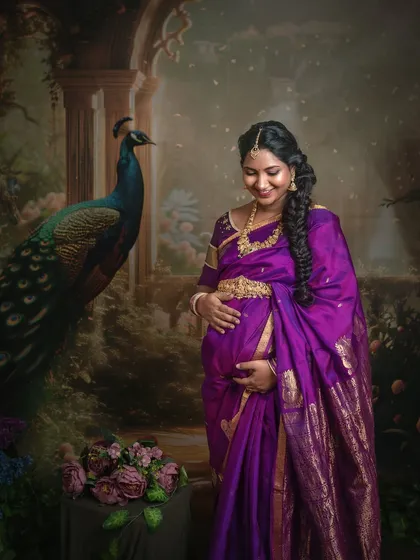 A solo portrait of the mother-to-be, her hand resting on her belly, her expression serene. The peacock in the background symbolizes grace and beauty.