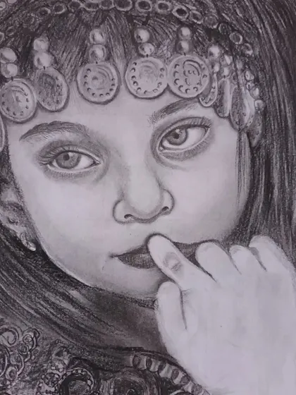 This charcoal and pencil drawing of a young girl in traditional attire was a study in capturing delicate features and intricate details. We focused on the expressive eyes and the metallic texture of her headpiece.