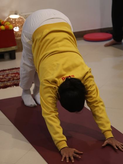 The downward facing dog pose is a vital part of the Sun Salutation, building upper body strength and stretching the hamstrings.